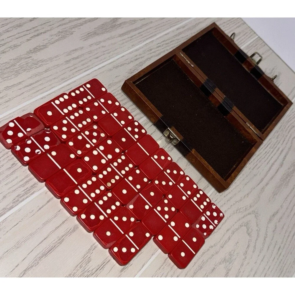 Vintage Red Dominoes Tile Game Set w/ Vinyl Wooden Case, Dot Numbered Pieces